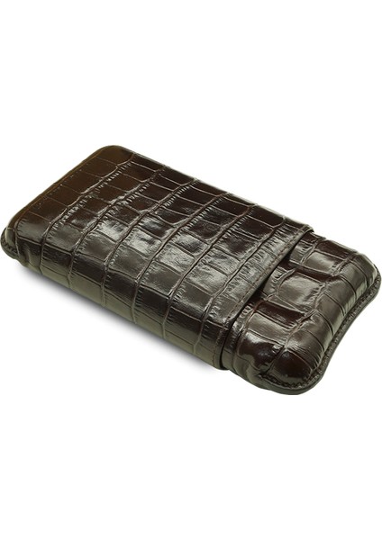 Gerçek Deri El Yapımı Puro Kılıfı Üçlü (60 Ring) Croco Tabaco