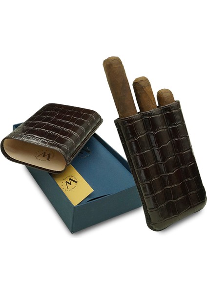Gerçek Deri El Yapımı Puro Kılıfı Üçlü (60 Ring) Croco Tabaco fırsatları