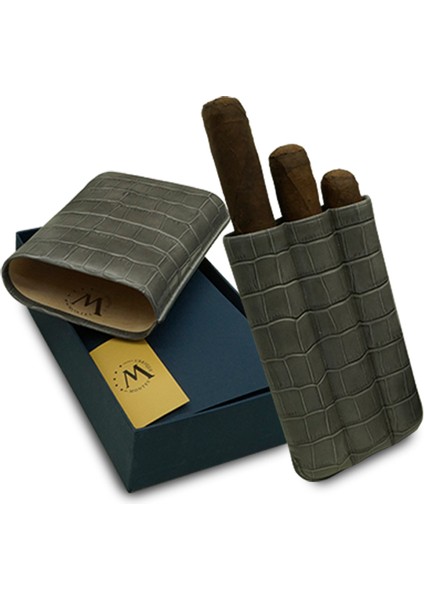 Gerçek Deri El Yapımı Puro Kılıfı Üçlü (60 Ring) Croco Ceniza fırsatları