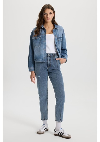 Kadın Norah Dark Blue Beli Lastikli Yırtıklı Jean Pantolon