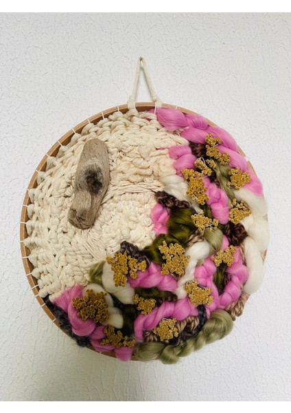 Civanperçemi Yün Keçe Makrome Yuvarlak Dekoratif Salon Duvar Süsü