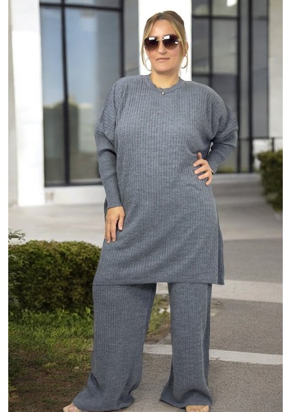 Saç Örgü Desenli Düşük Kol Tunik Beli Lastikli Pantolon Ekstra Büyük Beden Sonbahar Kış Triko Takım modelleri
