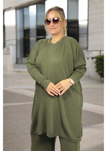 Saç Örgü Desenli Düşük Kol Tunik Beli Lastikli Pantolon Ekstra Büyük Beden Sonbahar Kış Triko Takım fiyatları