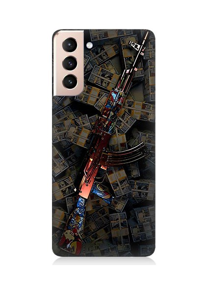 Samsung Galaxy S21 Plus Uyumlu Para ve Silah Desenli Silikon Kılıf