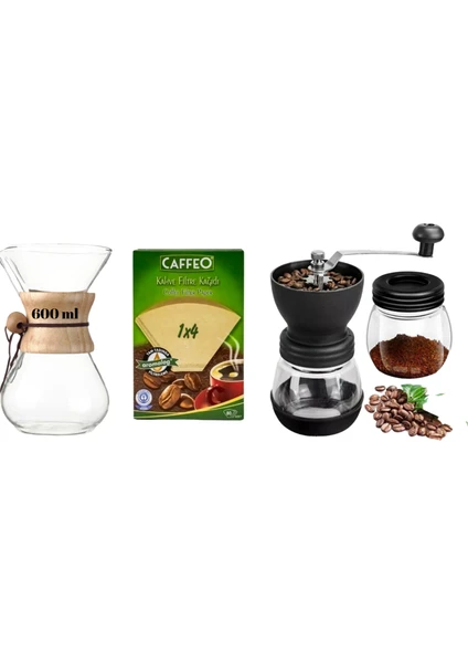 Grossberg Coffee Cam Kahve Demleme Sürahisi (Chemex) Fitre Kağıdı,Değirmen Set