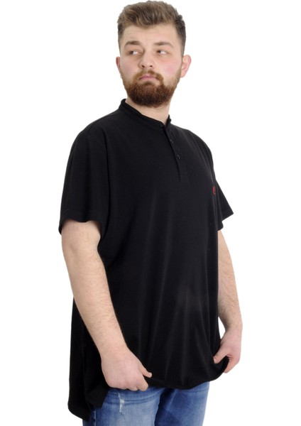 Mode Xl Büyük Beden Erkek T-Shirt Hakim Yaka Md Logo 22326 Siyah