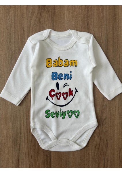 Organik %100 Pamuk Babam Beni Çook Seviyoo Yazılı Bebek Body Uzun Kollu Çıtçıtlı Badi Zıbın Tulum
