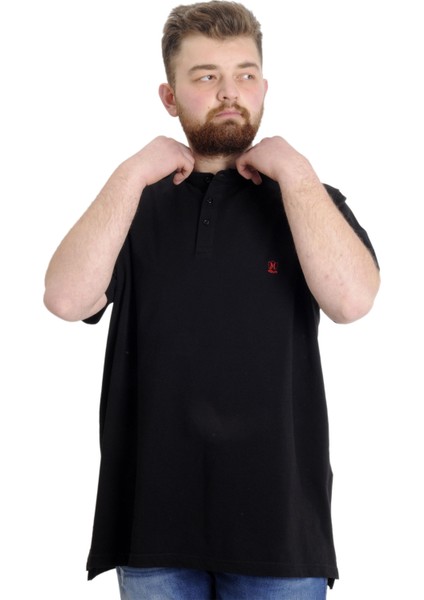 Mode Xl Büyük Beden Erkek T-Shirt Hakim Yaka Md Logo 22326 Siyah