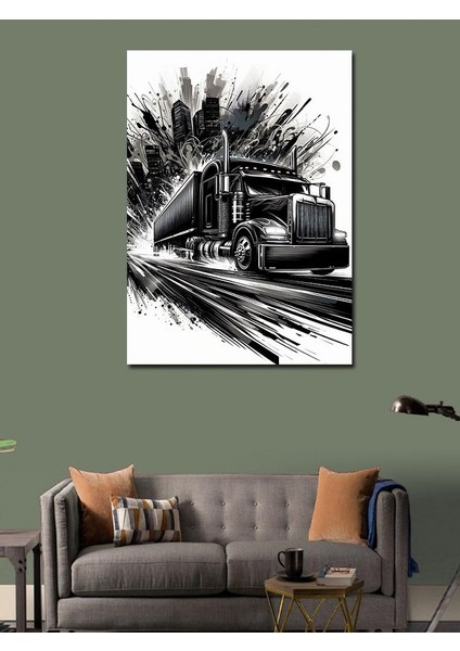 Kanvas Tablo Siyah-Beyaz Tır Çizimi modelleri
