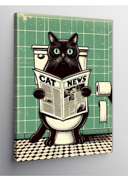 Kanvas Tablo Tuvalette Gazete Okuyan Kedi