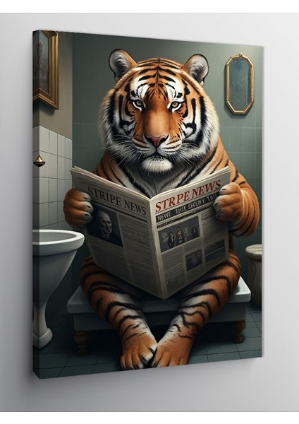 Kanvas Tablo Tuvalette Gazete Okuyan Kaplan