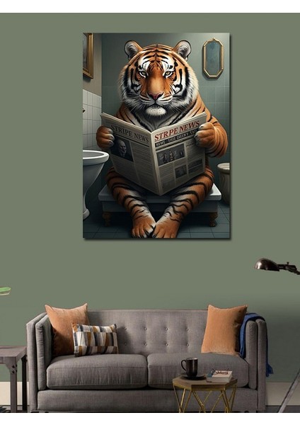 Kanvas Tablo Tuvalette Gazete Okuyan Kaplan modelleri