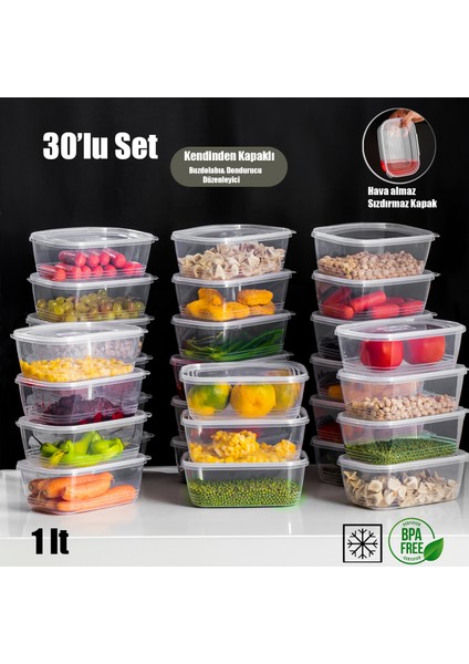 1072 30'lu Buzluk Düzenleyici Saklama Kabı Kendinden Kapaklı Derin Dondurucu Saklama Kabı 1lt Şeffaf