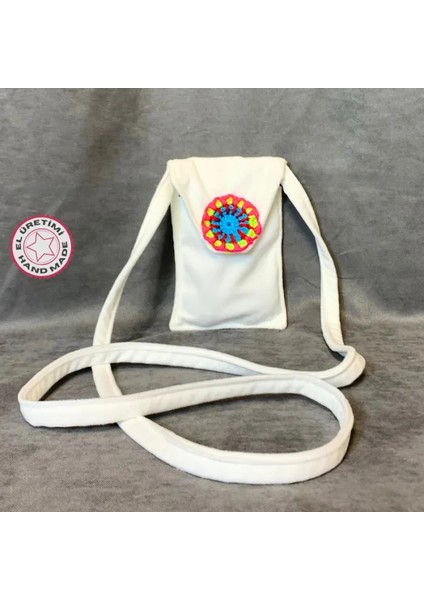 El Yapımı Işlemeli Baby Kumaş Telefon Çantası - Beyaz