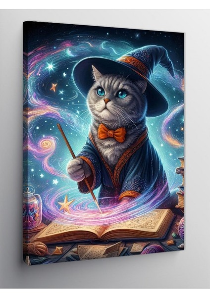 Kanvas Tablo Büyü Kitabı Okuyan Kedi