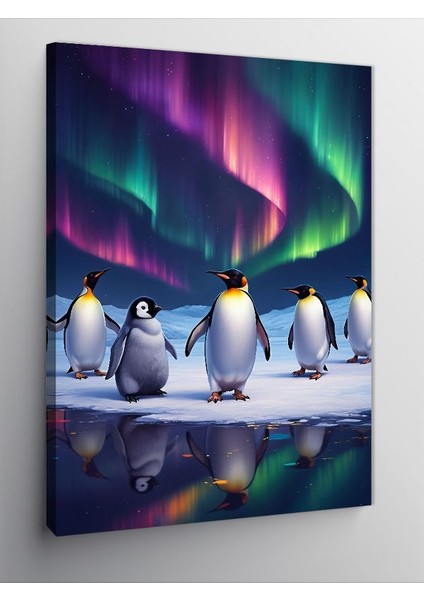 Kanvas Tablo Kutup Işıkları ve Penguenler
