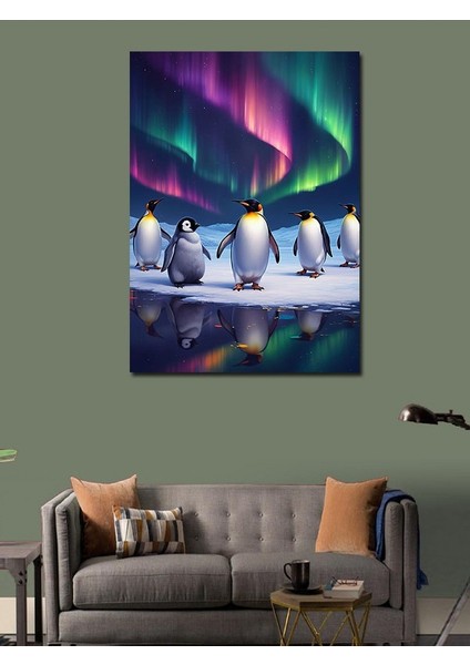 Kanvas Tablo Kutup Işıkları ve Penguenler