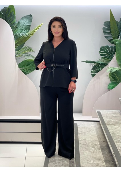 Favori Tekstil Özel Tasarım Taşlı Zincir ve Kemer Detaylı Bluz Pantolon Kadın Ikili Takım