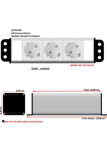 Scs Pazar Bürotik Priz Kutusu Alüminyum Blok - 4 x 45 ( 8 Modül ) SCS-445-02