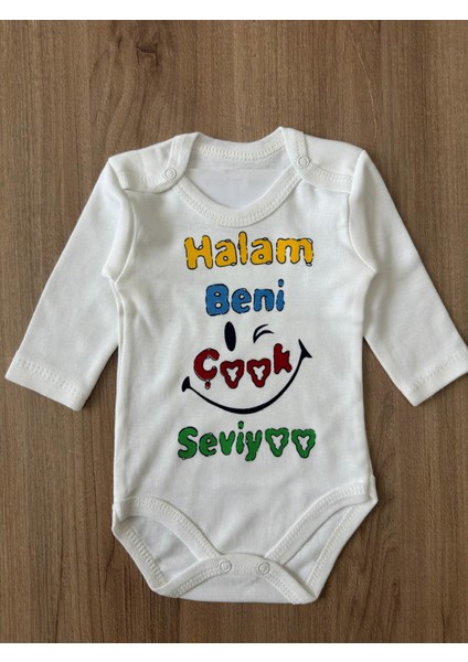 Organik %100 Pamuk Halam Beni Çook Seviyoo Yazılı Bebek Body Uzun Kollu Çıtçıtlı Badi Zıbın Tulum