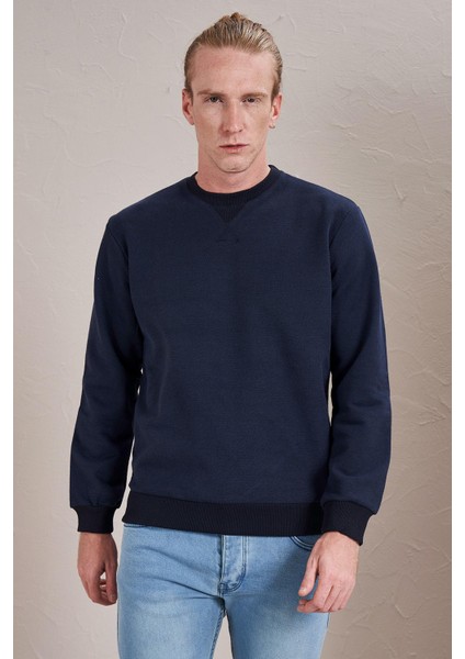 Erkek Lacivert Bisiklet Yaka Ön Üçgen Dikişli Ribanalı Iki Iplik Sweatshirt