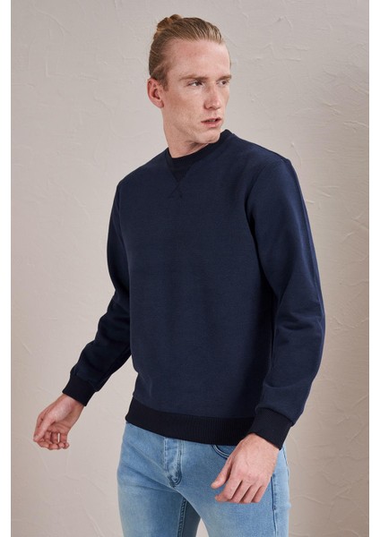Erkek Lacivert Bisiklet Yaka Ön Üçgen Dikişli Ribanalı Iki Iplik Sweatshirt modelleri