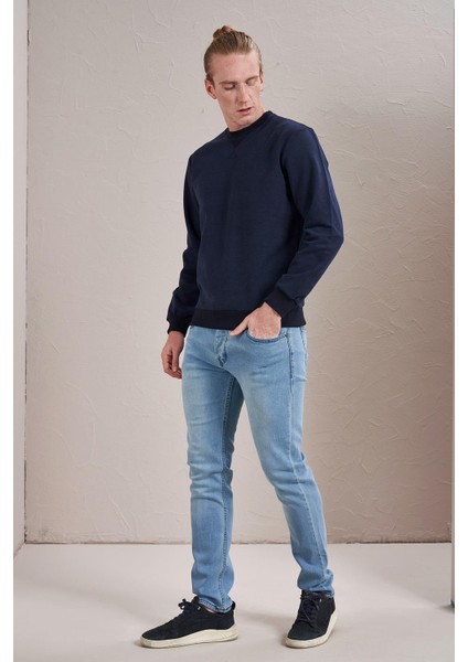 Erkek Lacivert Bisiklet Yaka Ön Üçgen Dikişli Ribanalı Iki Iplik Sweatshirt indirimleri