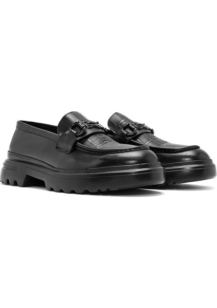 Erkek Siyah Baskılı Toka Detaylı Deri Loafer 24WFD664318 modelleri