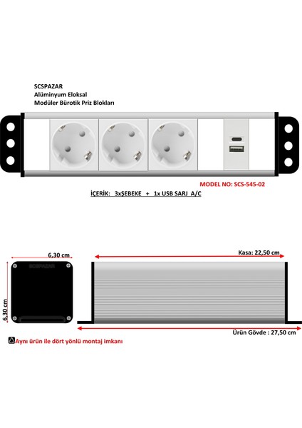 Scs Pazar Bürotik Priz Kutusu Alüminyum Blok - 5 x 45 ( 10 Modül ) SCS-545-02