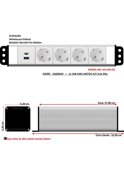 Scs Pazar Bürotik Priz Kutusu Alüminyum Blok - 6 x 45 ( 12 Modül ) SCS-645-02