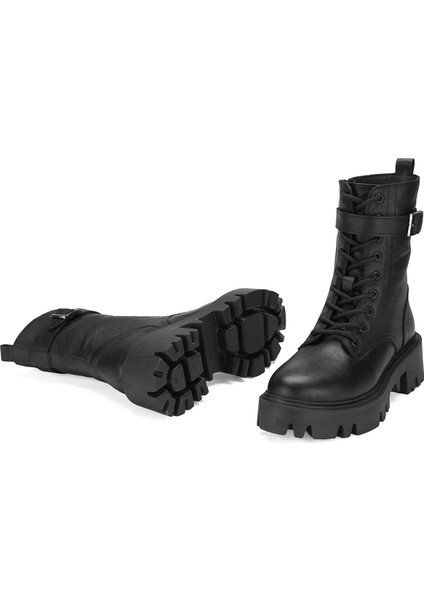 Meirare Siyah Kadın Bağcıklı Deri Postal Bot fırsatları