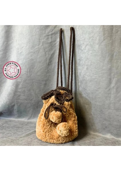 El Yapımı Büzgülü Kahverengi Peluş Sırt Çanta