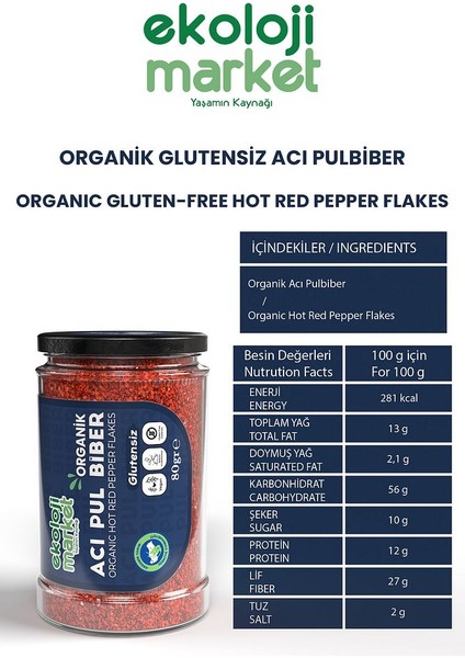 Organik Glutensiz Acı Pulbiber 80 gr x 3 Organic Gluten Free Hot Red Pepper Flakes 80 gr x 3
