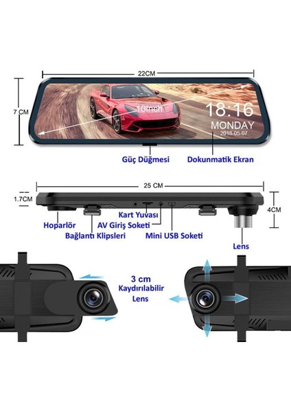 NT910 32GB Hafıza Kartlı 10 Inç Dokunmatik IPS Ekran Dikiz Aynalı Çift Yönlü Araç Kamerası indirimleri