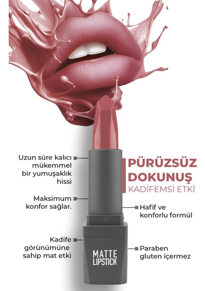 Yoğun Renk Veren Uzun Süre Kalıcı Nemlendirici Kadifemsi Mat Ruj - Matte Lipstick 415 Dusty Pink