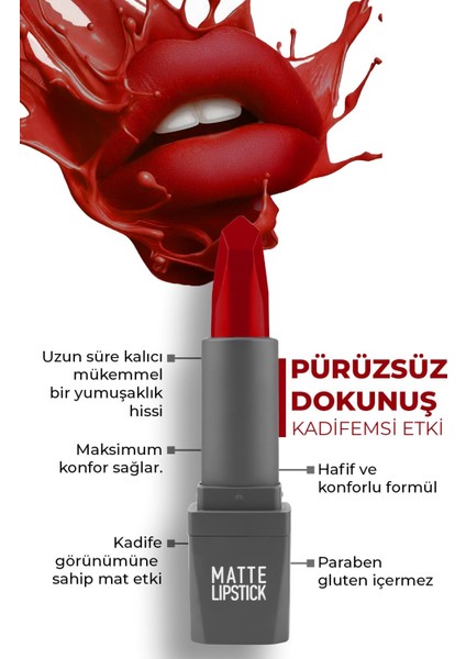 Yoğun Renk Veren Uzun Süre Kalıcı Nemlendirici Kadifemsi Mat Ruj - Matte Lipstick 422 Wild Red