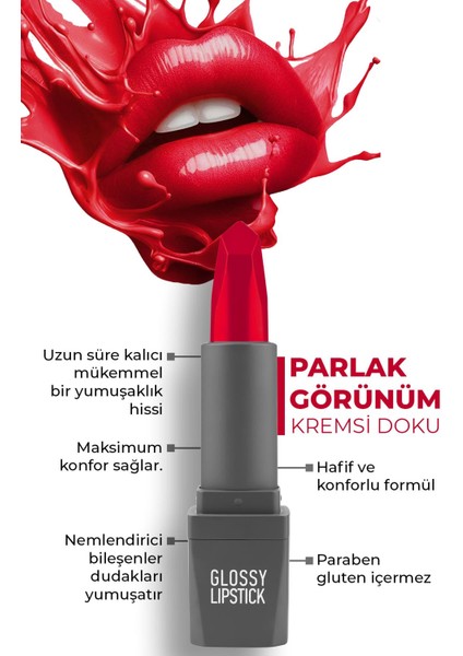 Uzun Süre Kalıcı Yoğun Renk Veren Nemlendirici Parlak Ruj - Glossy Lipstick 320 Glossy Red