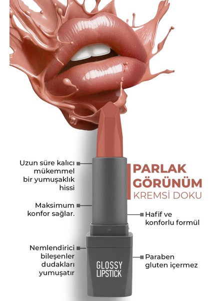 Uzun Süre Kalıcı Yoğun Renk Veren Nemlendirici Parlak Ruj - Glossy Lipstick 308 Terracotta Nude