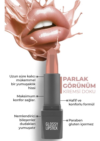 Uzun Süre Kalıcı Yoğun Renk Veren Nemlendirici Parlak Ruj - Glossy Lipstick 302 Nude