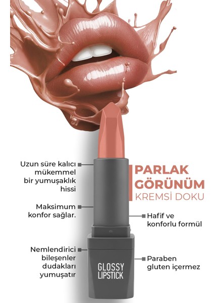 Uzun Süre Kalıcı Yoğun Renk Veren Nemlendirici Parlak Ruj - Glossy Lipstick 304 Nude Apricot