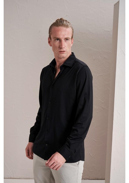 Erkek Siyah Uzun Kollu Merserize Kagi Slim Fit Gömlek