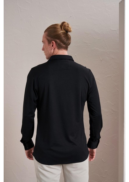 Erkek Siyah Uzun Kollu Merserize Kagi Slim Fit Gömlek