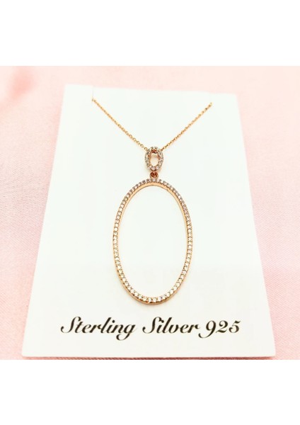 Taşlı Oval Içi Boş Rose Gümüş Kolye
