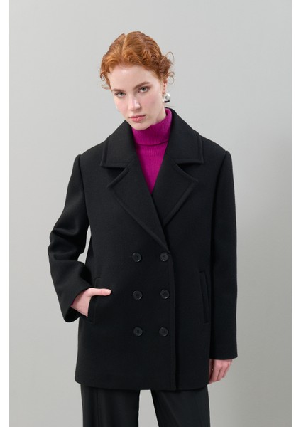 Kaşmir ve Yün Karışımlı Kruvaze Kaban Siyah K2519008_001