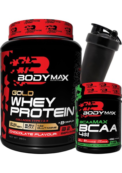 Gold Whey Protein Tozu 960 gr Çilekli + Bcaamax Bcaa 585 gr Yeşil Elmalı + Shaker Hediyeli