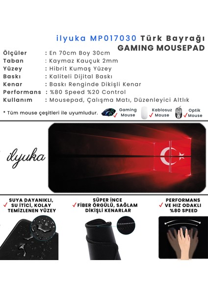 70X30 Türk Bayrağı Ilyuka MP017030 Büyük Boy Xl Gaming Mousepad Dikişli Kenar Kaymaz Taban 70X30CM