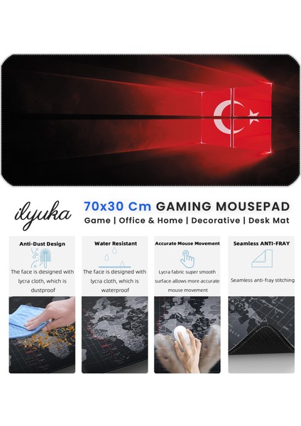 70X30 Türk Bayrağı Ilyuka MP017030 Büyük Boy Xl Gaming Mousepad Dikişli Kenar Kaymaz Taban 70X30CM