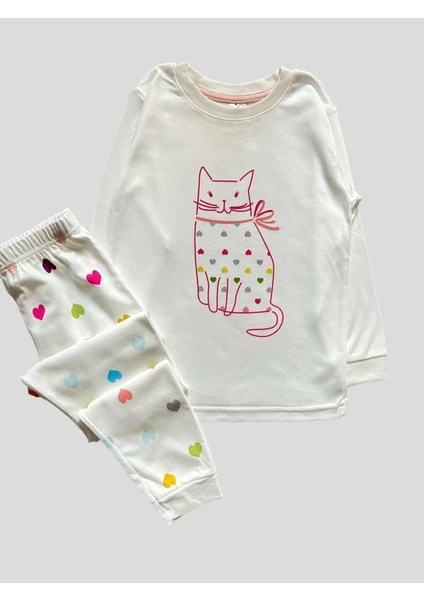 Elmas Kids Kız Çocuk Uzun Kollu %100 Pamuklu Kedi Desenli Kalpli Beyaz Pijama Takımı