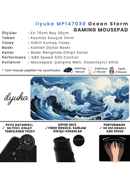 70X30 Ocean Storm Ilyuka MP147030 Büyük Boy Xl Gaming Mousepad Dikişli Kenar Kaymaz Taban 70X30CM