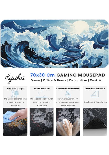 70X30 Ocean Storm Ilyuka MP147030 Büyük Boy Xl Gaming Mousepad Dikişli Kenar Kaymaz Taban 70X30CM